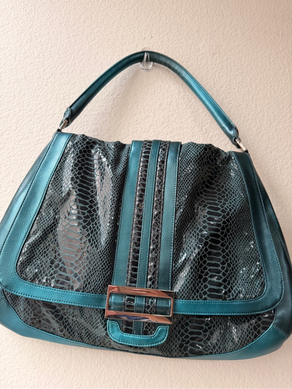 Kate Landry Teal Snake-Embossed Shoulder Bag Hobo Y2K Grunge Fairy Edgy 2000s